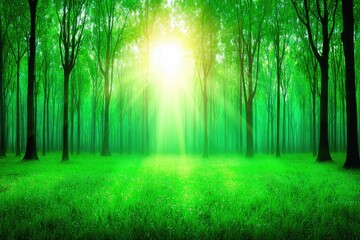 Fototapeta premium Sunlight streams through vibrant green forest