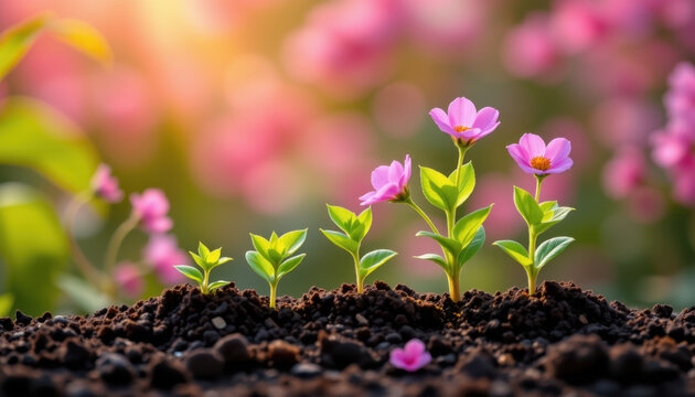 Growing flowers symbolize growth and development, showcasing vibrant pink blooms emerging from rich soil. This captures beauty of nature and cycle of life