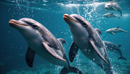 Naklejka premium Dolphins swimming gracefully in clear blue water, showcasing their playful nature and intelligence. Bubbles surround them, creating lively underwater scene filled with joy and energy