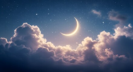 Crescent Moon, Starry Night, and Dreamy Clouds