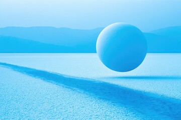 Blue sphere floats above a pale blue landscape