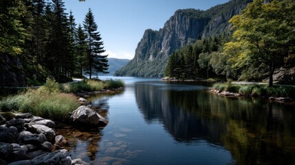 Fototapeta premium Landscape scene mirrored by the water in a mountain lake