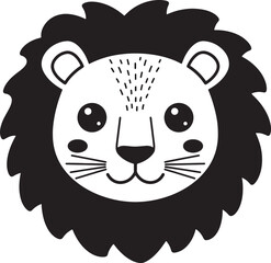 Cute cartoon lion head in black and white design suitable for children's illustrations