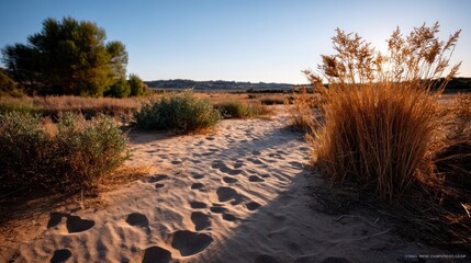 Sunrise casts shadows over sandy path in natural landscape