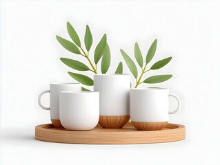 bouquet of green plants and branches with leaves in white mugs and glasses on white background isolated, for stylish kitchen interior design