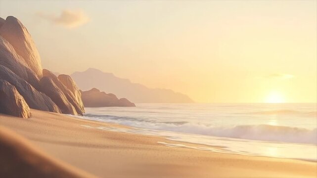 Serene sunrise over a sandy beach with gentle waves lapping the shore, rocky cliffs and distant mountains bathed in warm golden light