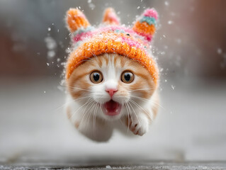 Close-up portrait of an cat wearing a funny handmade winter woolen hat, looking up with curiosity, funny animals