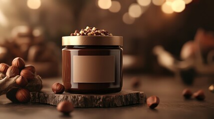 Hazelnut spread in a glass jar with elegant label design, styled with warm tones and smooth textures, perfect for print media and advertising.