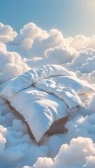 A fluffy white duvet and pillows resting on a bed of soft clouds