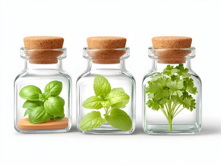 Glass transparent jars with medicinal useful herbs, seasonings and spices, jar with lids for stylish kitchen design, home cooking, salt, seasoning, aromatic herbs for baking