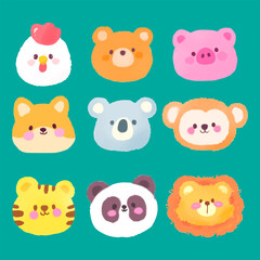 Cute Animal Faces Vector Set Chibi Style Vector illustration