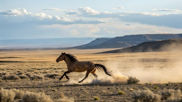 Kiger Mustang Running Across Oregon Desert Terrain