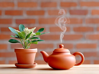 antique clay teapot stands on the table and boils, hot steam, tea party