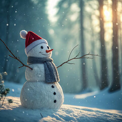 Smiling snowman in a snowy forest with warm sunlight