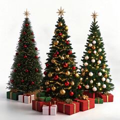 Three beautifully decorated christmas trees with gifts underneath