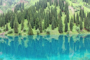 Mountain lake mirrored in clear turquoise water