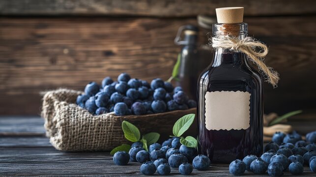 Organic Blueberry Craft syrup in glass bottle with hand-drawn label, surrounded by fresh blueberries and rustic props, soft natural light.