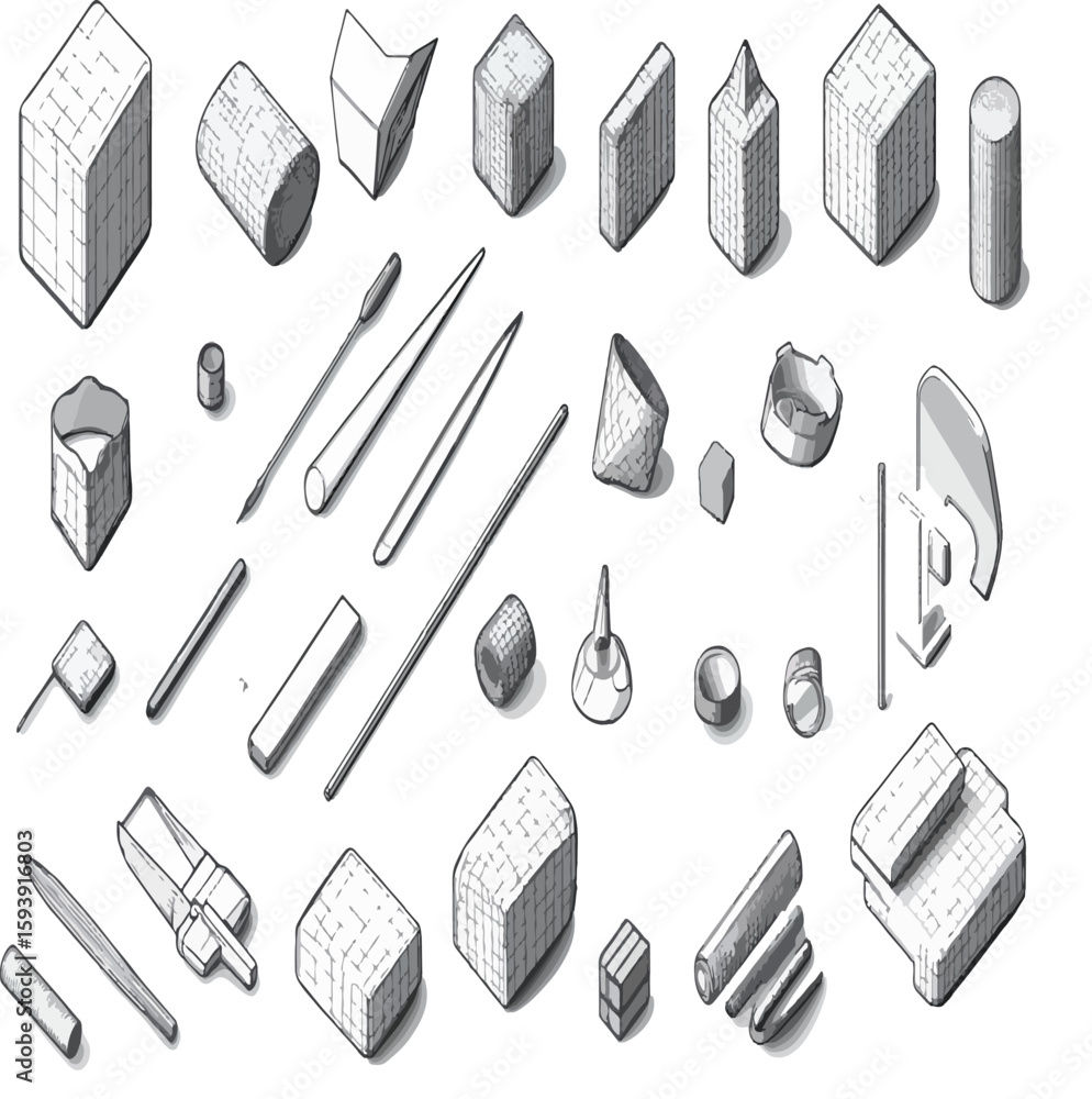 Aufkleber isometric drawing of various geometric shapes and objects in black and white with a wireframe style