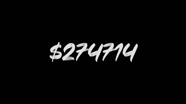 Dollar counting, 0 to 1000000 dollar increase in 15 seconds dark video footage. Counting money and digits increasing. Animated money number counter from zero to one million dollars on black background