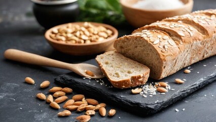 Rustic Bread Loaf with Sesame Seeds, Nuts, and Wooden Spoon on Slate Board  Food Photography Background