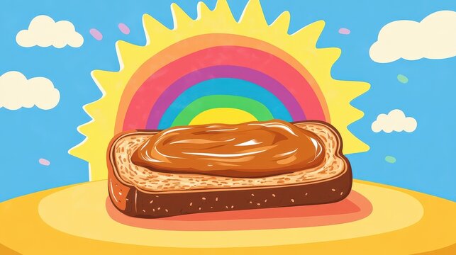 Playful kid-style illustration of hazelnut spread on toast, sun and rainbow in background, vibrant tones ideal for wholesome brand campaigns.