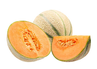 cantaloupe melon: whole, half, and slice on transparent background