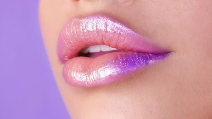 Fototapeta premium Shiny metallic lips in pink and purple shades on a smooth, glamorous woman.