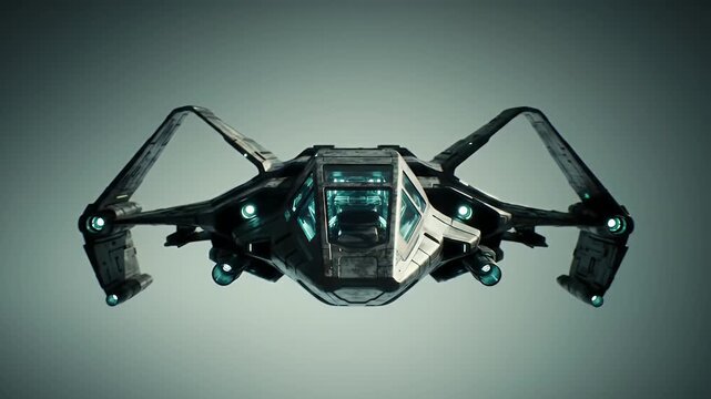 Detailed Gray Spaceship Front View with Teal Highlights on Light Gray Background and Futuristic Design for Adobe Stock