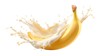 milk splash with fresh bananas against white background