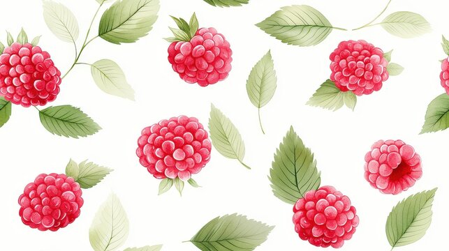 Romantic bunches of raspberries painted in soft watercolor. Scandinavian seamless pattern with pastel pinks, vintage-inspired foliage, and elegant minimalism.