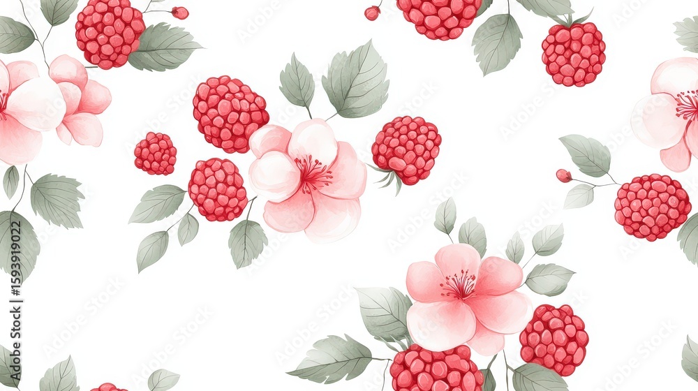 Poster seamless abstract raspberry bunches in watercolor with romantic pinks and soft greens. scandinavian 