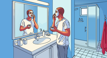 Man applying face mask in bathroom, for skincare routine articles