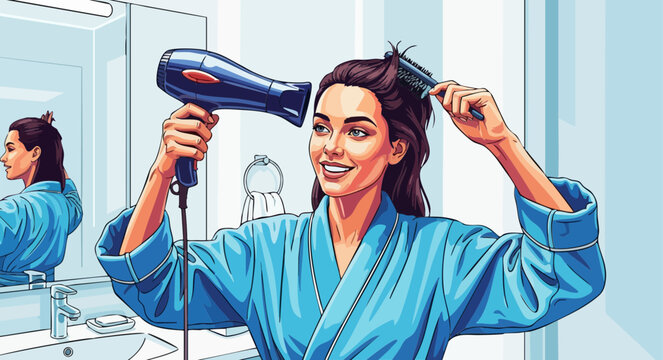 Woman Drying Hair with Blow Dryer in a Bright Bathroom Setting for Beauty Blogs, Personal Care Websites, Hair Styling Tips, and Wellness Articles  