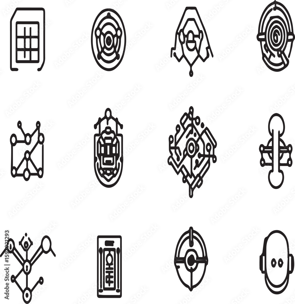 Aufkleber collection of twelve futuristic technology icons in a grid pattern on a white background