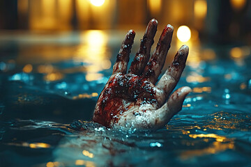Drowning in Shadow: A chillingly realistic depiction of a bloodied hand, emerging from a pool of water, symbolizing vulnerability and desperation within a shadowy atmosphere.