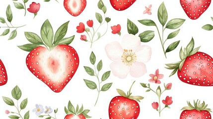 Soft pastel strawberries and floral accents in a seamless watercolor pattern. Romantic Scandinavian style with delicate strokes and sweet, vintage-inspired composition.