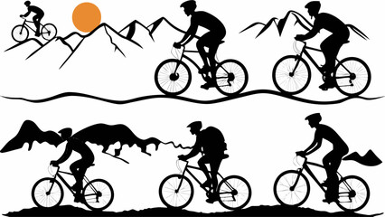 Obraz premium Silhouette of mountain bikers riding on trails with mountain backdrop and sun in a black and white design