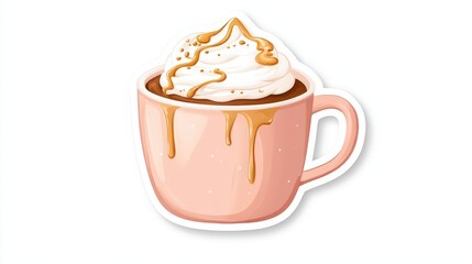 Sticker in soft pastel portrait style of Salted Caramel Hot Chocolate in a cozy mug, topped with whipped cream and golden caramel drizzle, minimalist on white background.