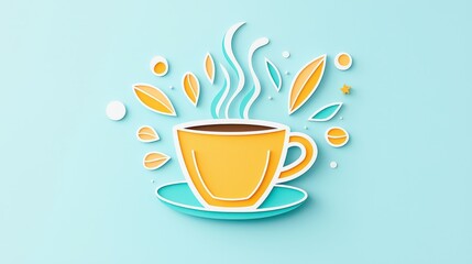 Sticker-style espresso c- with steam forming a pop art character, playful colors and simple background.