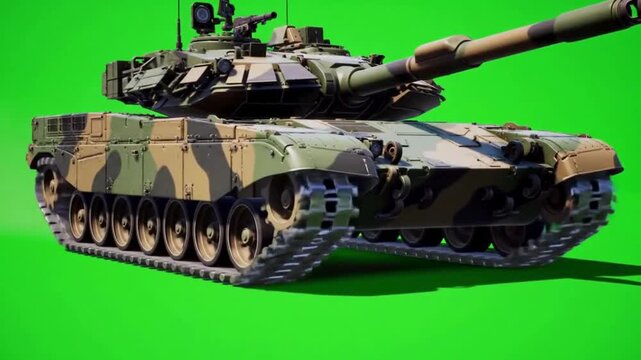 Modern military tank, camouflage pattern, on a green screen background.
