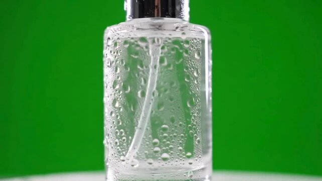 Close-up of a clear, rectangular bottle with condensation against a vibrant green backdrop.