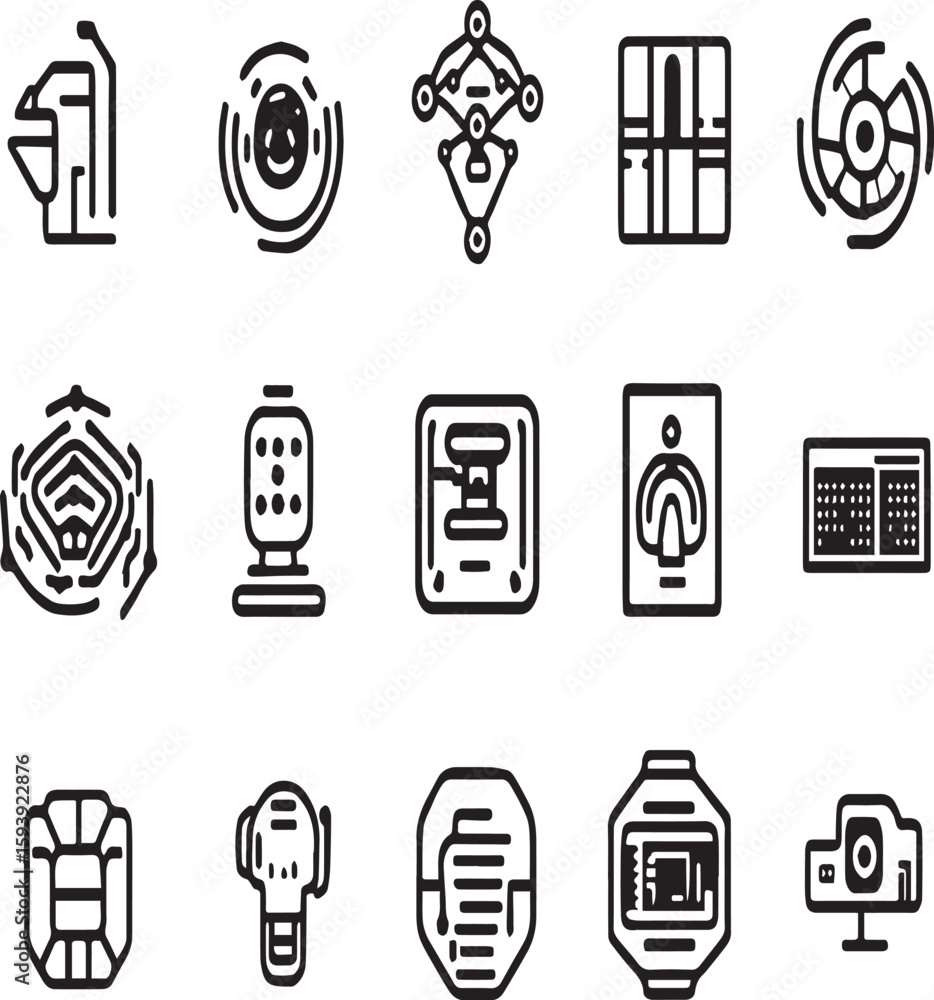 Fototapete A collection of fifteen different technology icons arranged on a white background in a grid pattern