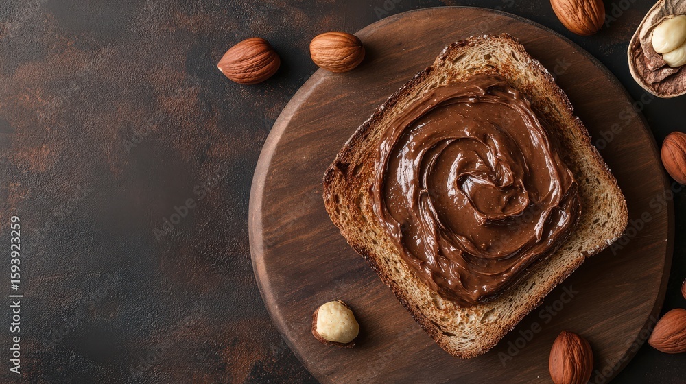Poster top view of hazelnut spread on toast with minimal packaging design, soft lighting and creamy tones i