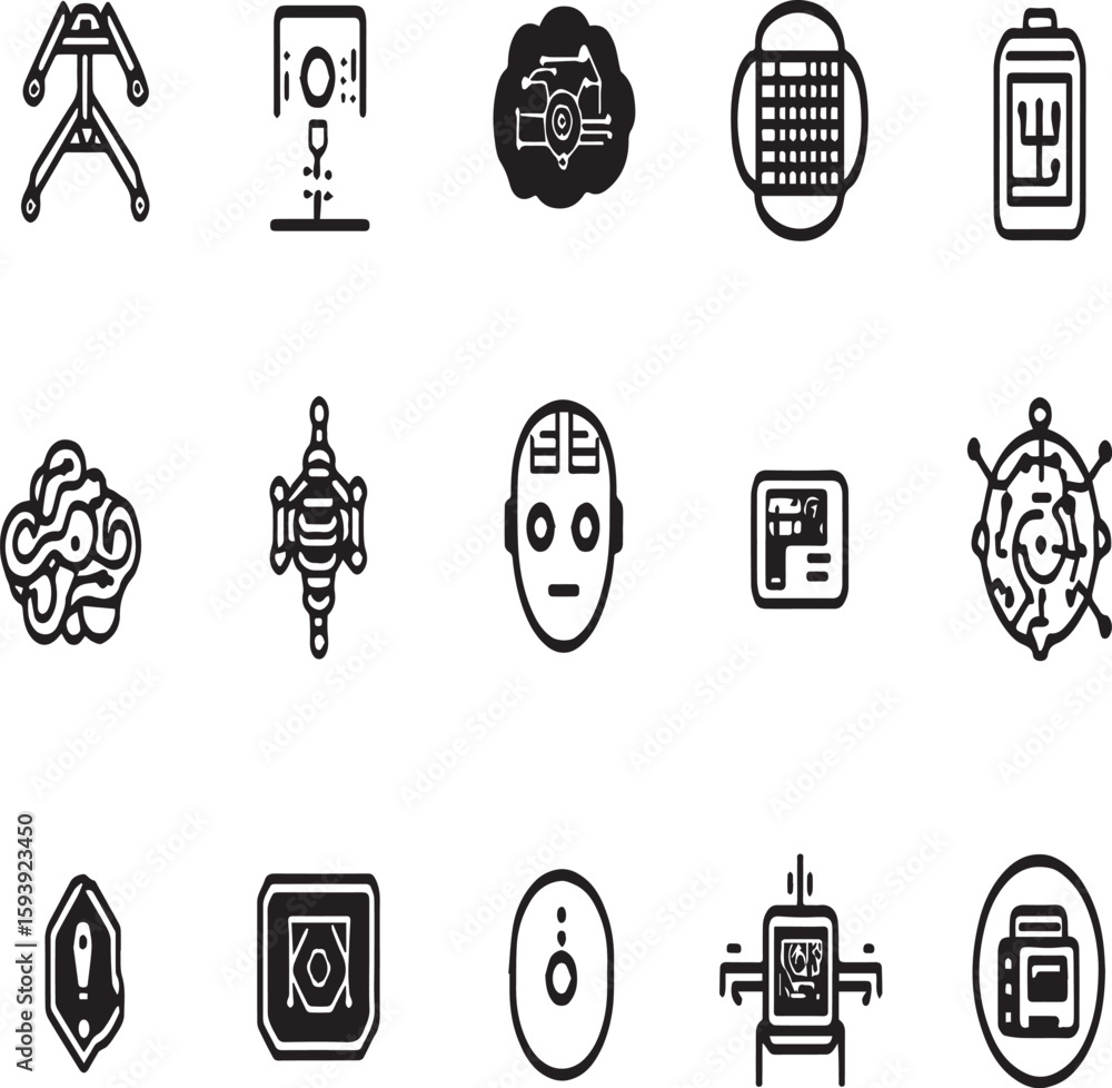 Poster collection of futuristic technology icons including ai brain circuits and robotic elements in black 