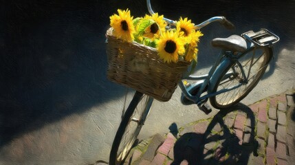 A light-filled scene featuring a bicycle with a basket of sunflowers.