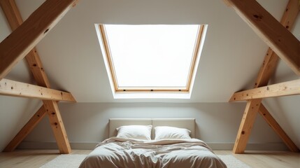 Unique Loft Bedroom Design Showcasing Sloped Ceilings, Minimalist Furniture, and a Central Skylight Creating an Open Ambiance