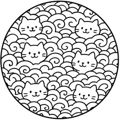 Cute Kawaii Cat Faces in Seamless Doodle Cloud Pattern – Black and White Line Art