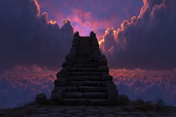 Ancient stone steps ascend through clouds at sunset