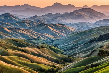 Rolling hills, vibrant colors, sunrise view