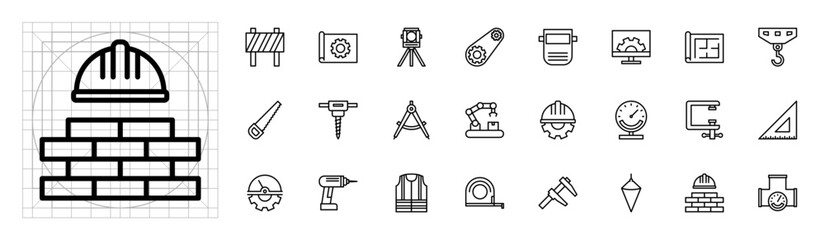 Construction Icon Set Engineering Tools Building Worker Industry Architecture Simple Line Art